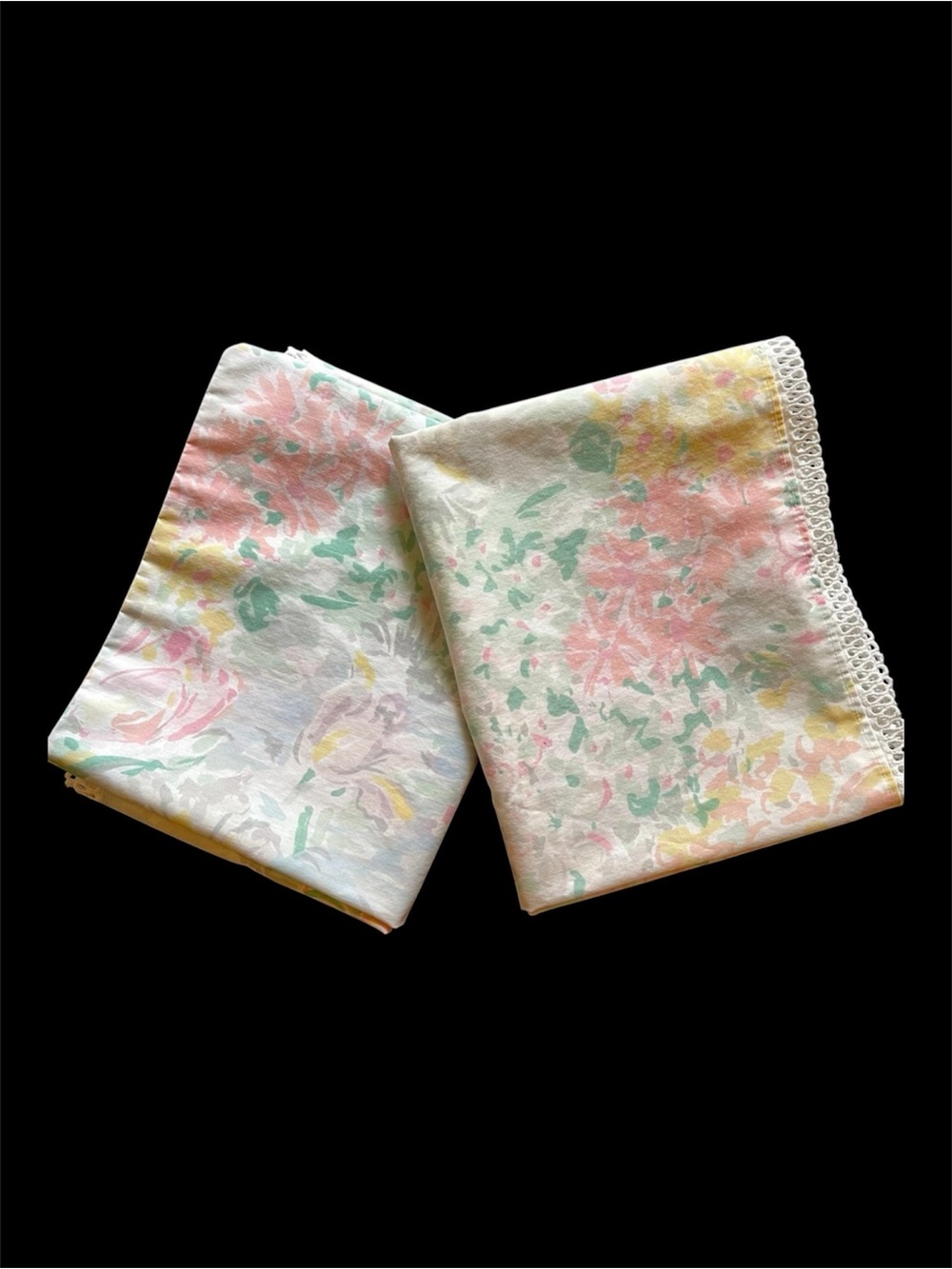 2 VTG Pillowcases - Pastel Floral Design - Lace Trim -  Westpoint Pepperell